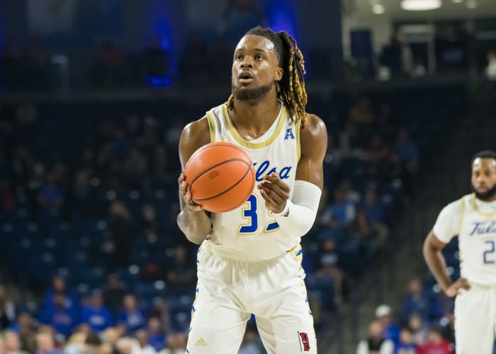 Dec 28, 2022; Tulsa, Oklahoma, USA; Tulsa Golden Hurricane forward Bryant Selebangue (33) gets ready to shoot a free throw during the first half against the Houston Cougars at Reynolds Center. Mandatory Credit: Brett Rojo-USA TODAY Sports